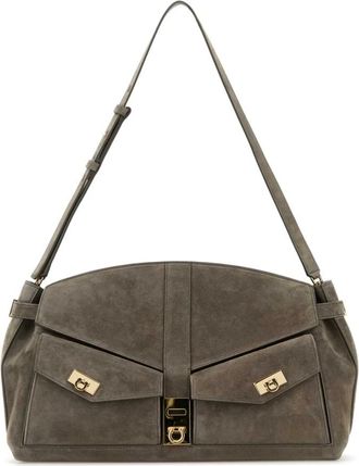 Ferragamo Grijze Suede Schoudertas - Dames - Schoudertassen - Grijs - ONE Size - Leer - Tassen