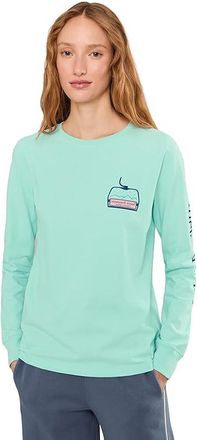 Vineyard Vines Ski Lift Logo Box Long Sleeve T-Shirts Womens T Shirt Aqua Haze : XL, Cotton