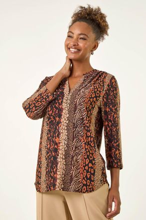 Roman Abstract Print V-Neck Stretch Top