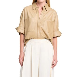 TWP My Newest Mistake Leather Button-Up Shirt in British Khaki at Nordstrom, Size Petite