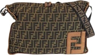 Fendi Pre-owned Cross Body Bags, female, Brown, Size: ONE SIZE Pre-owned Zucca Nylon Leather Shoulder Bag