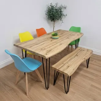Kosy Koala 140cm Modern Dining Table with 4 Colourful Chairs & Grey Bench Set in Brown