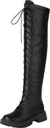 Generic Womens Classic Over The Knee Boots Round Toe Medium Chunky Heel Platform With Side Zipper And Lace Up Detail