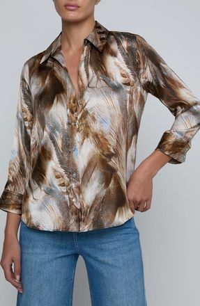 L'agence Dani Feather Print Three-Quarter Sleeve Silk Button-Up Shirt in Neutral/Brown Mix Feather at Nordstrom, Size Xx-Small