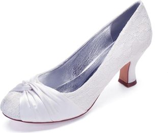 Generic Wedding Bridal Shoes Womens Round Toe Pump Kitten Low Heel Shoes Lace Kitten Heel Prom Party Dress Shoes 6.5Cm,White,5 UK