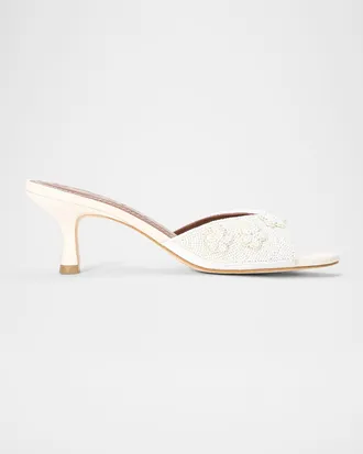 Staud 60mm Brigitte Beaded Satin Kitten-Heel Mules