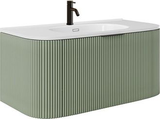 Vente-Unique Mueble de ba&ntilde;o suspendido estriado con lavabo encastrado y grifo - Verde mate - 100 cm - LOMERI