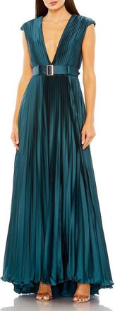 Mac Duggal Pleated Plunge Neck Belted A Line Gown in Midnight at Nordstrom, Size 14