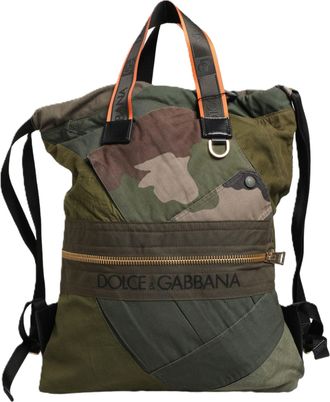 Dolce & Gabbana Mens Military Green Patchwork Backpack Cotton Nylon Calf