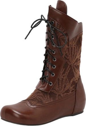 Generic Retro Mid Calf Boots for Women Gothic Victorian Low Heel Lace Up Side Zipper Ankle Booties Retro Medieval Riding Leather Round Toe Flat Booties Comfor