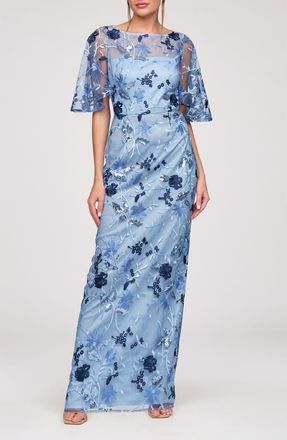 JS Collections Daphne Embroidered Sequin Column Gown in Azure at Nordstrom, Size 18