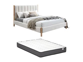 Vente-Unique Letto 160 X 200 Cm Con Testata Letto Impunture Verticali Velluto Avorio + Materasso - Sizama