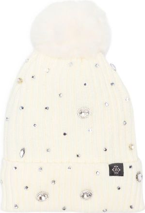 Nanette Lepore Rhinestone Beanie with Faux Fur Pompom in White at Nordstrom Rack