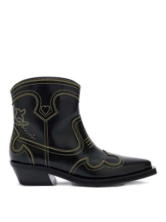 Ganni Low Shaft Embroidered Western Boot Oleatex