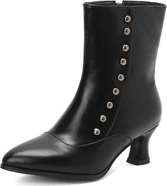 Generic Womens Pointed Toe Retro Dressy Ankle Boots Side Zipper Studded Decor Elegant Kitten Heel Pumps Western Shoes (Black,5.5)