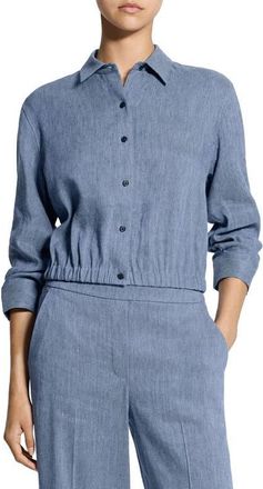 Theory Scrunch Sleeve Chambray Crop Button-Up Top in Light Denim - Rr4 at Nordstrom, Size X-Large
