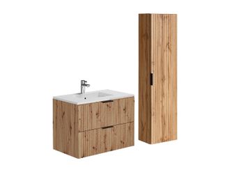 Vente-Unique Mueble de ba&ntilde;o suspendido con lavabo encastrado y armario - Color natural claro - 80 cm - ZEVARA