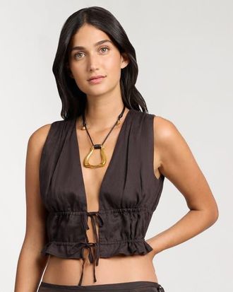 Onia Air Linen Tie Front Top in Espresso at Nordstrom, Size X-Small