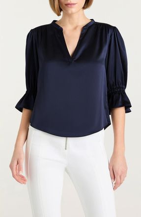 Cinq &agrave; Sept Fiona Split Neck Silk Top in Navy at Nordstrom, Size Xx-Small