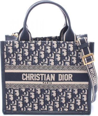 Dior Beige Navy Canvas Leather Handbag Tote Bag (Pre-Owned)