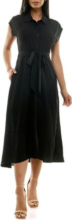 Nina Leonard Tie Waist Midi Shirtdress in Black at Nordstrom Rack, Size X-Large