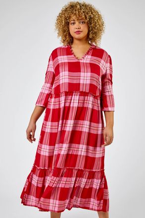 Roman Check Print Tiered Dress