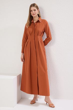 Trendyol Modest Dames Bruin Effen Maxi Lang Casual Blousejurk Modest Jurken