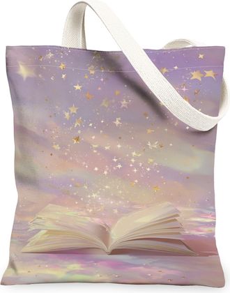 Generic Dreamy Stars Canvas Tote Bags, Fantasy Book Design Reusable Shopping Bags, Lightweight Washable Shoulder Strap Canvas for T, Violet, 13x15 Inch