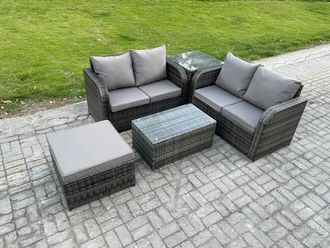 Fimous Outdoor Lounge Sofa Set Rattan Garden Furniture Set with Rectangular Coffee Table Big Footstool Side Table Dark Grey Mixed