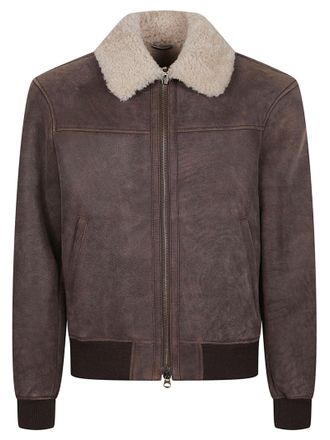 STEWART Sean Brown Leather Shearling Collar Bomber Jacket
