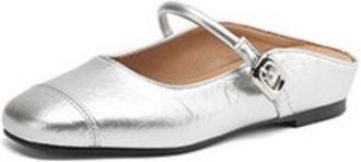 Generic Women Mary Jane Mules Square Toe Flat Heel Adjustable Strap Metal Buckle Stitched Vamp Open Back Slip On Comfortable Daily Dress Shoes,Silver,3.5 UK
