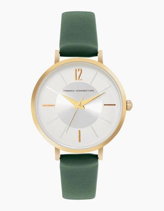 French Connection Womens Connection Rose Case Round Shape Green Strap Quartz Watch - Silver - Size: ONE size