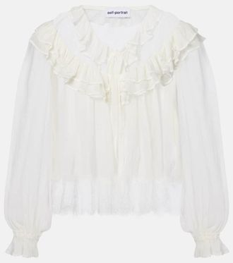 Self Portrait Gathered georgette and lace blouse