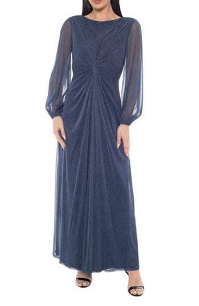 Marina Rossini Knot Front Shimmer Long Sleeve Gown in Navy/Silver at Nordstrom Rack, Size Medium