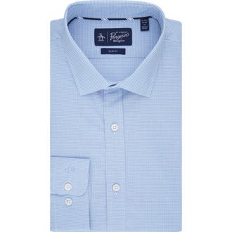 Original Penguin Gingham Print Slim Fit Dress Shirt in Blue at Nordstrom Rack, Size 15 - 32/33
