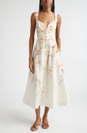 Zimmermann Luna Buttoned Linen Picnic Midi Dress in Cream Songbird at Nordstrom, Size 3