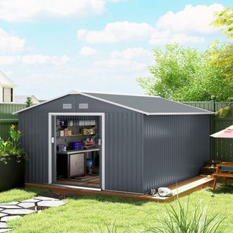 OUTSUNNY Outdoor Garden Storage Shed w/2 Doors Galvanised Metal in Grey