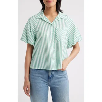 Beach Lunch Lounge Biance Bubble Sleeve Button-Up Top in Parrot Cay at Nordstrom, Size X-Large