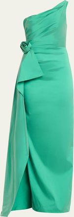 Teri Jon Draped One-Shoulder Taffeta Column Gown
