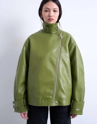 Topshop Giacca biker in pelle sintetica verde con collo a imbuto
