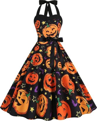 Generic Halloween Pumpkin Dress for Women Girl Party Dress Head Flower Hanging Neck Sexy Print Large Swing Dress Semi Formal Outfit Halter Dress Halloween Cos