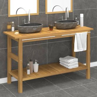 Berkfield Home Bathroom Vanity Cabinet with River Stone Sinks Solid Wood Teak in Black