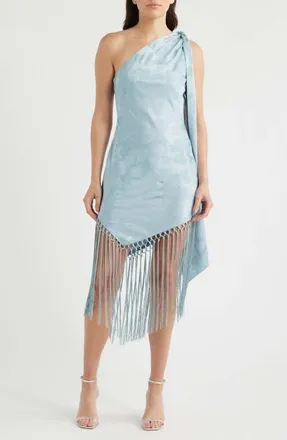 Amanda Uprichard Chrishell Fringe One-Shoulder Dress in Powder Blue at Nordstrom, Size X-Large