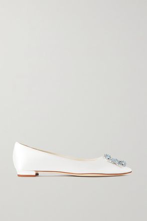 Manolo Blahnik Ballerine A Punta In Raso Con Cristalli Hangisiflat - Bianco