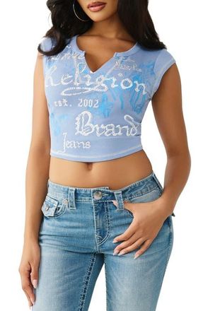 True Religion Crystal Embellished Buddha Crop Graphic T-Shirt in Endless Sky at Nordstrom, Size Xx-Large