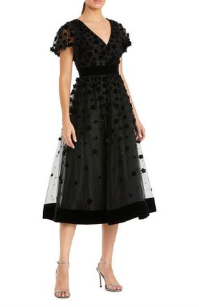 Mac Duggal Embellished Butterfly Sleeve Velvet Hem Midi Dress in Black at Nordstrom, Size 10