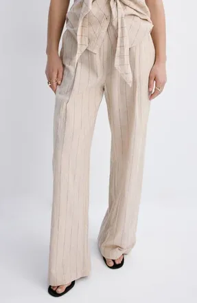 Mango Pinstripe Wide Leg Linen & Cotton Pants in Brown at Nordstrom, Size 4