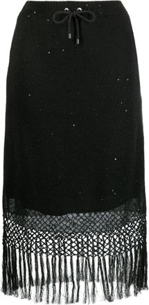 Brunello Cucinelli fringed edge midi skirt - women - Linen/Flax/Silk/Acetate/Silk - S - Grey