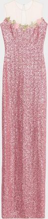 Naeem Khan Illusion Yoke Sequined Floral Applique Sleeveless Gown
