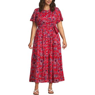 Lands End Plus Size Cotton Voile Button Front Maxi Dress in Compass Red Vintage Floral at Nordstrom, Size 1X